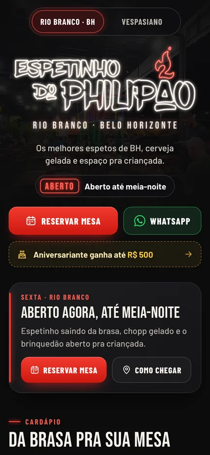 Bio site do Espetinho do Philipão, unidades Rio Branco e Vespasiano